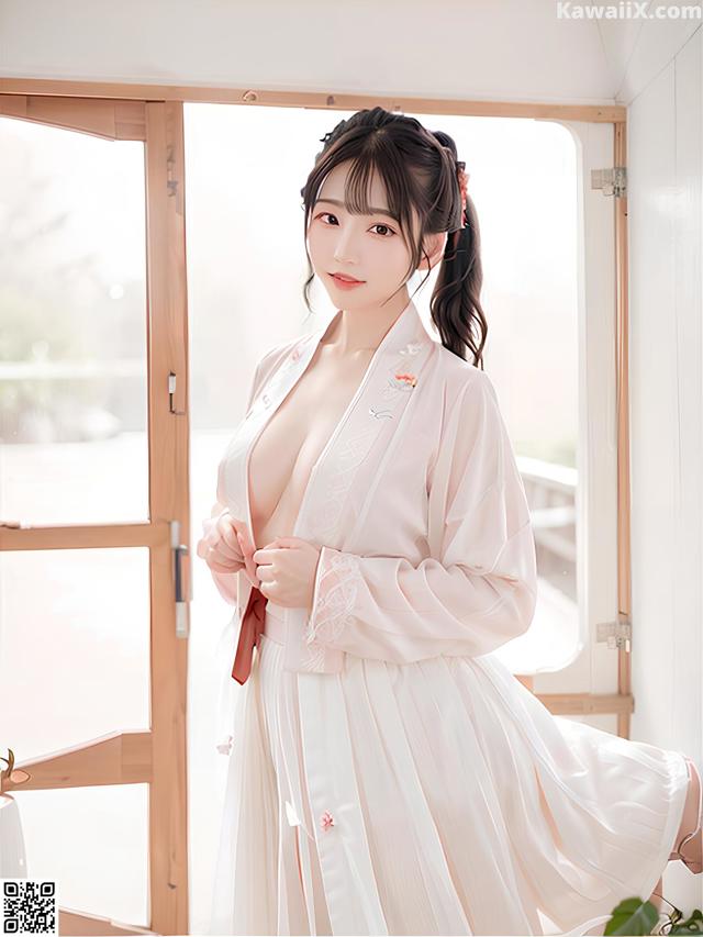 a woman in a white robe standing in front of a window