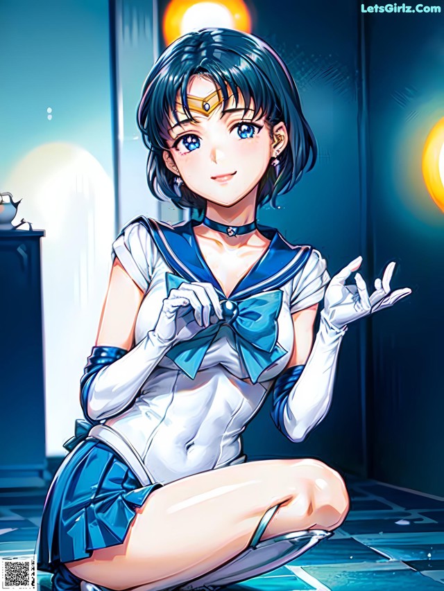 A girl in a sailor outfit sitting on the floor.