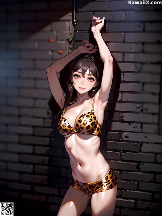 A woman in a leopard print bikini leaning against a brick wall.